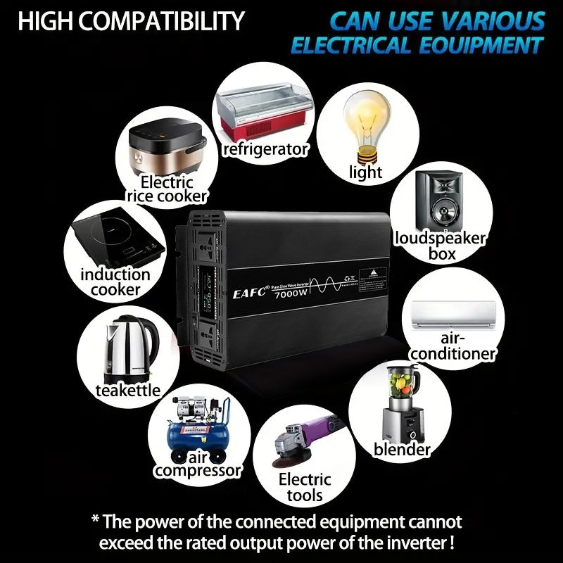 Omvormer – Spanningsomvormer – Stroomomzetter – DC naar AC Conversie – 7000W Power Inverter – Zuivere Sinusgolf – LCD Display – Multifunctionele Beveiliging