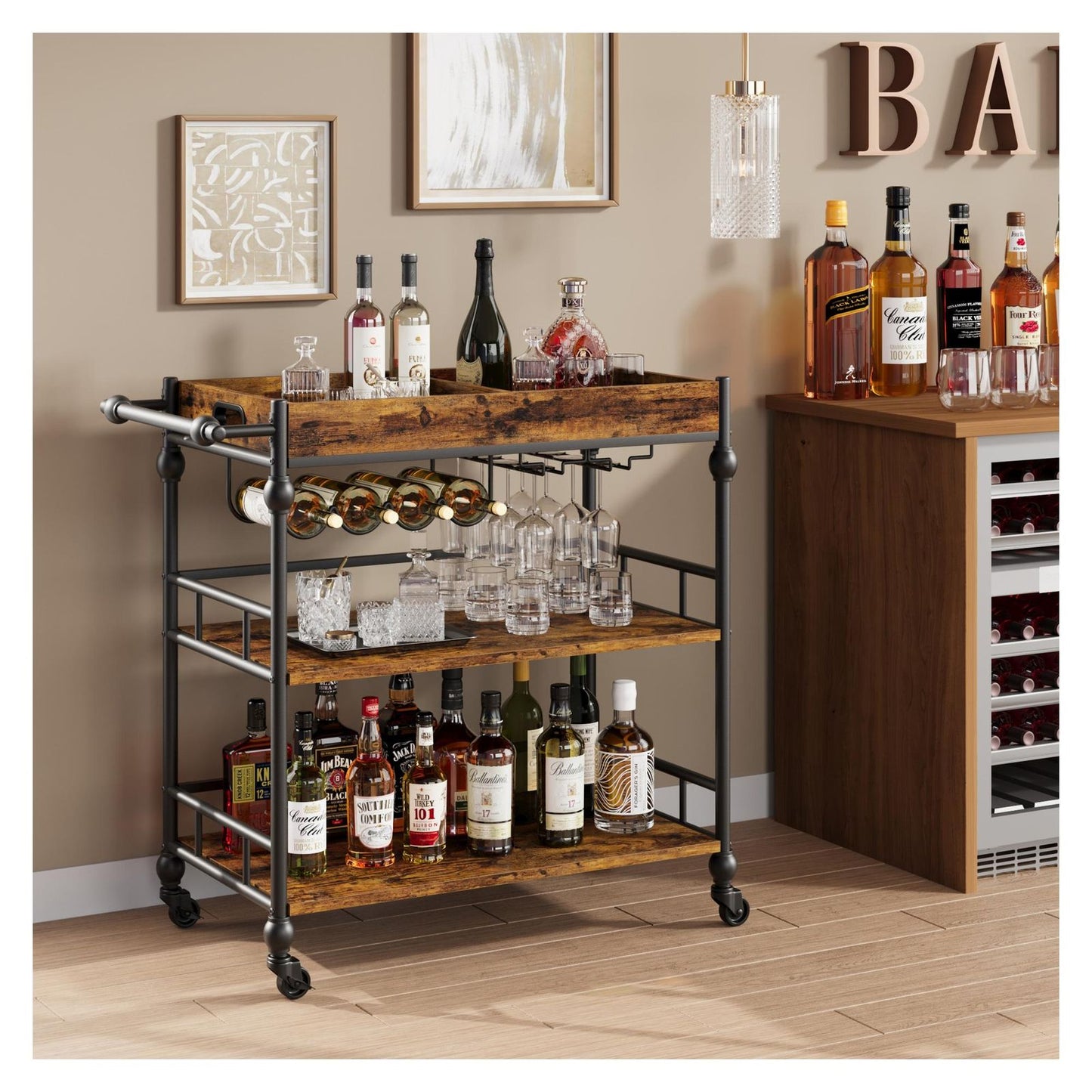 Mobiele Barwagen – Serveerwagen – Trolley – Wijnkar – Drinkkar – Retro Kleur – Hardhout – 4 Draaibare Wielen