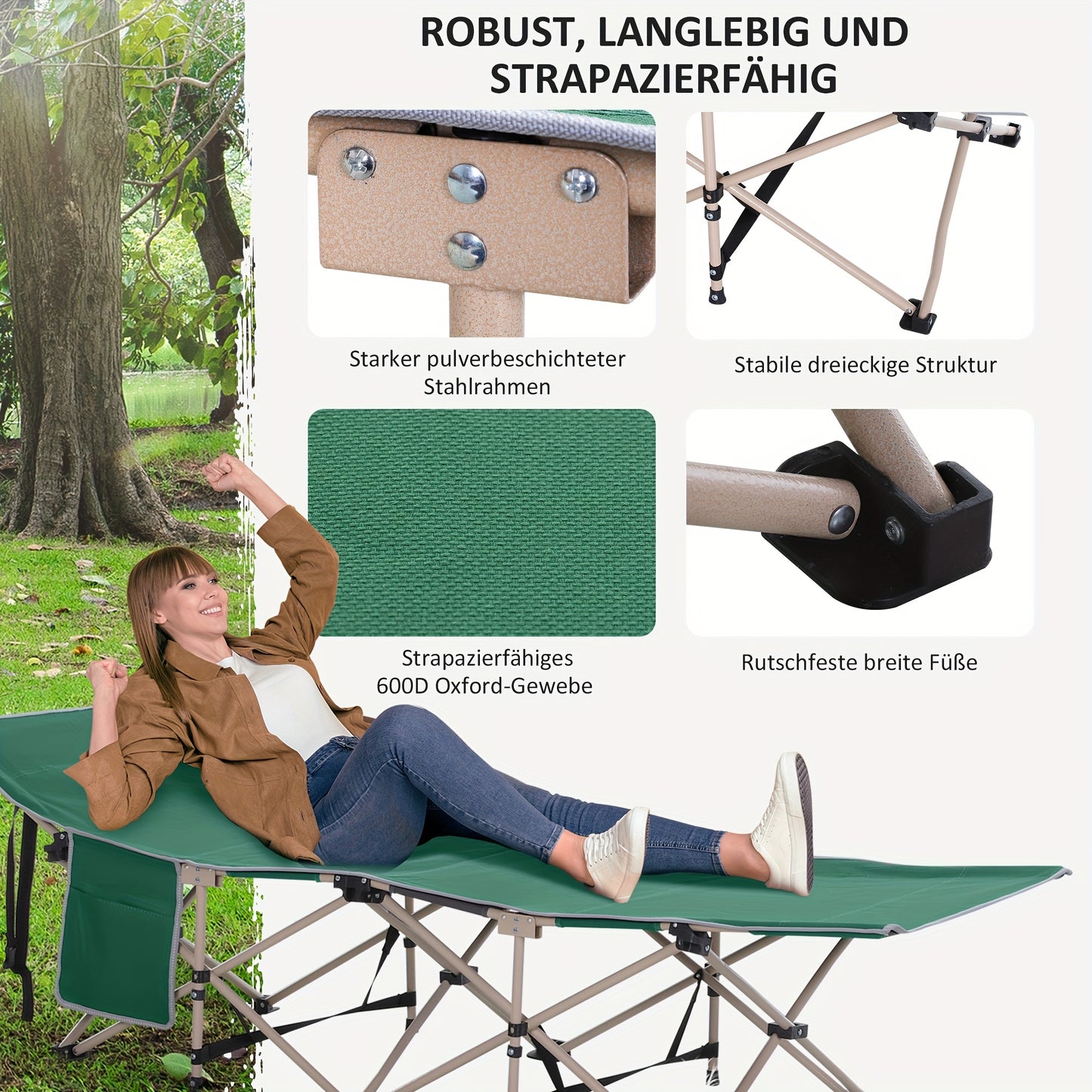 Campingbedje – Reisbedje – Vouwbed – Buitenbed – Opvouwbaar – Lichtgewicht Draagtas – Stabiel Oxford Staal – 190x68x52 cm Groen