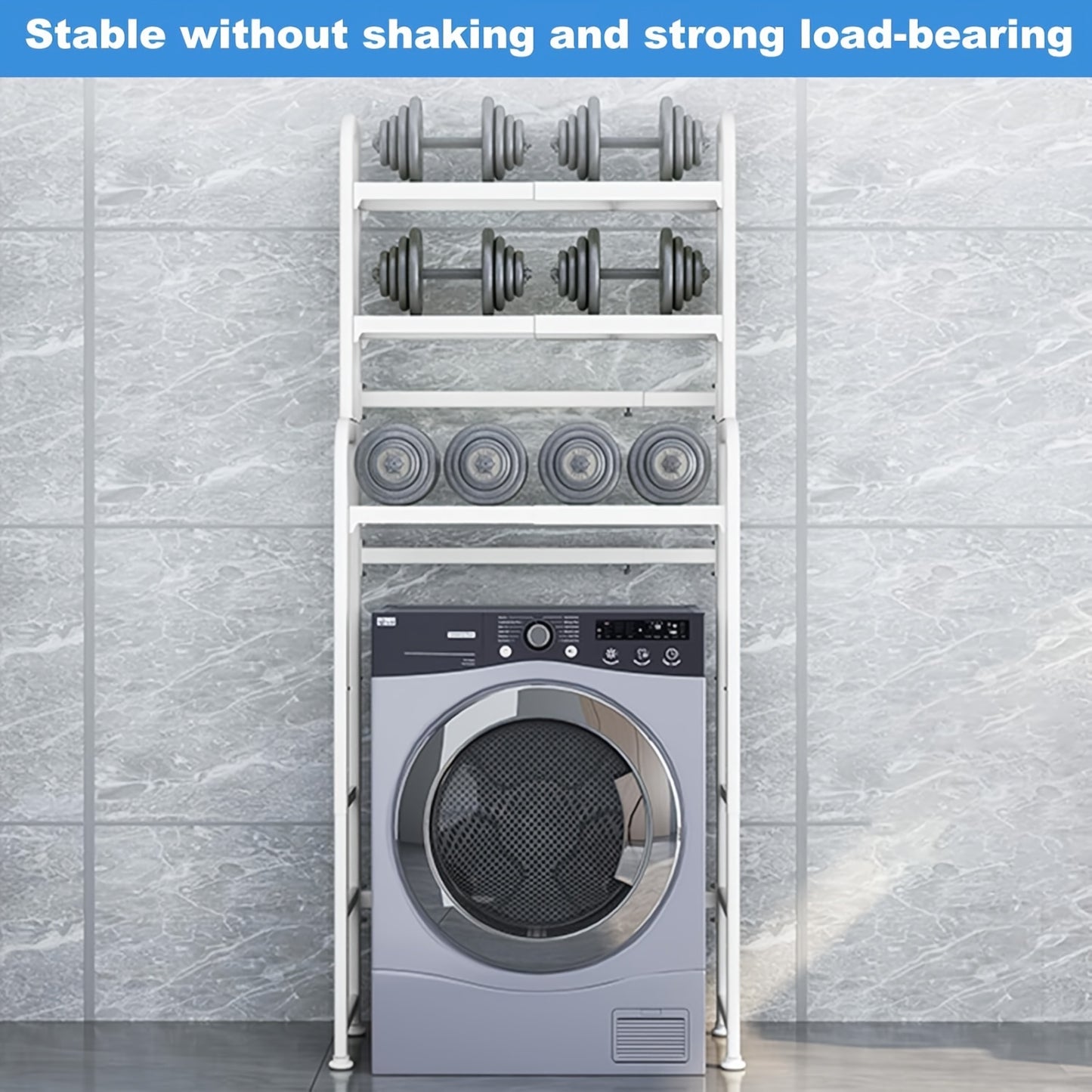 Opbergrek Wasruimte – Wasmachine Rek – Opslagrek – Badkamerrek – Stelling – Verstelbaar 155-185 cm – Metalen Staal – Antislipvoeten – 3 Planken – Wit