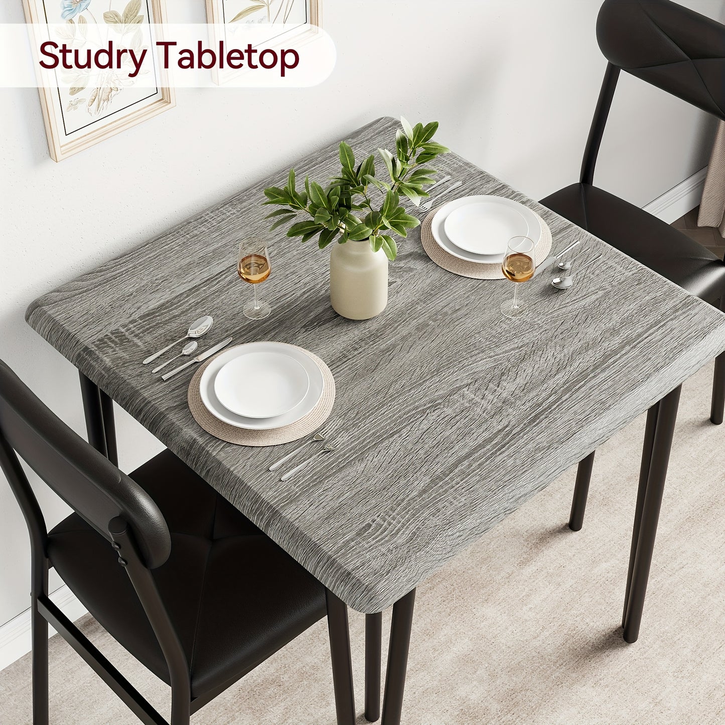 Eettafelset – Eettafelset – Eethoek – Keukentafelset – Zitgroep – Industrieel Design – Compact Formaat – MDF Tafelblad – Gestoffeerde Stoelen – 74x74 cm – Metaal & Hout – Grijs