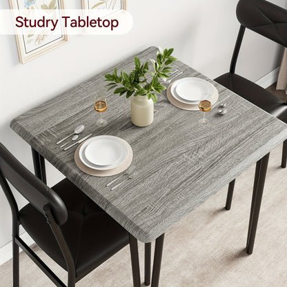 Eettafelset – Eettafelset – Eethoek – Keukentafelset – Zitgroep – Industrieel Design – Compact Formaat – MDF Tafelblad – Gestoffeerde Stoelen – 74x74 cm – Metaal & Hout – Grijs