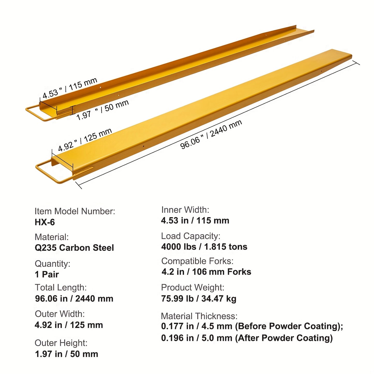 Vorkverlengers – Palletvork Verlengingen – Heftruck Vorken – Vorkuitbreidingen – Vorkensets – Carbonstaal – 243,84 cm Lengte – 11,43 cm Breedte