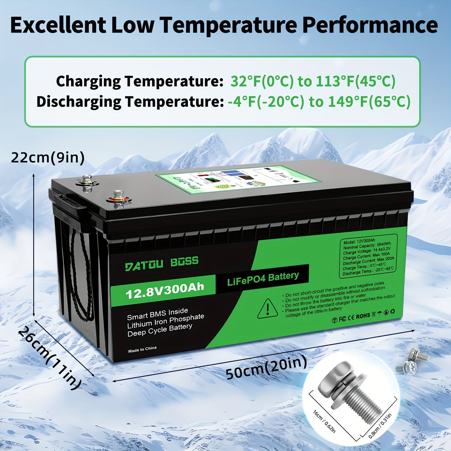 DATOUBOSS Lithium Battery 12V 300Ah LiFePO4, Integrated BMS 200A, 8000+Cycles Deep Cycle Lithium Battery, Max 3840W Power supported in series/parallel, Perfect for Solar, Camping-Car, Off-Grid