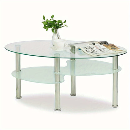 Salontafel – Koffietafel – Bijzettafel – Woonkamertafel – Tafel – Modern – Gehard Glas – Ovaal – Met Metalen Poten – 2 Opbergniveaus – 90x50x43 cm