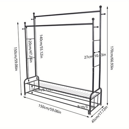 Kledingrek – Kledingstandaard – Garderoberek – Kapstok – Opbergrek – Metaal – Verstelbaar – Met Wieltjes En Remmen – 150x45x170 cm