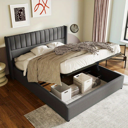 Tweepersoonsbed – 2-Persoonsbed – Bedframe – Bed – Slaapbed – Verstelbare Hoogte – Dubbele Laag Opbergruimte – 140x200 cm – Grijze Linnen Bekleding