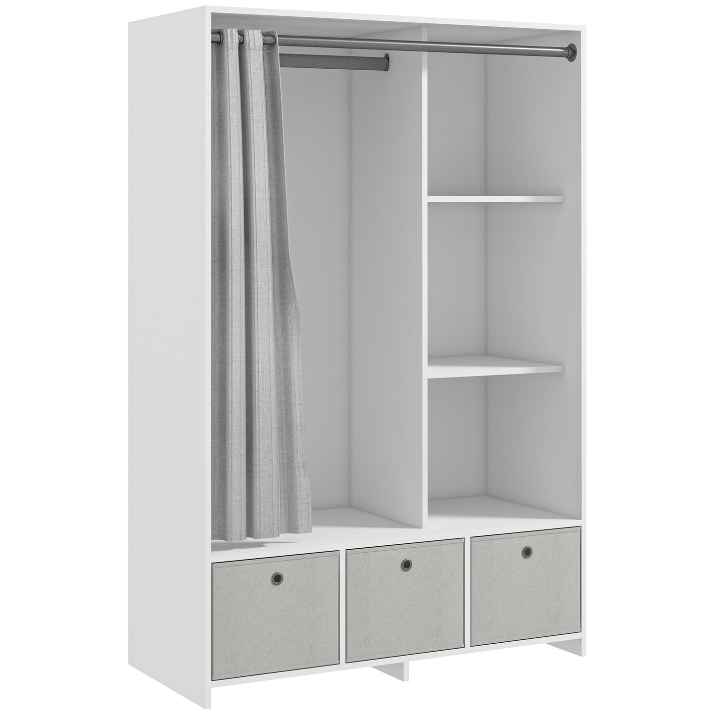 Kledingkast – Garderobekast – Opbergkast – Kleerkast – Kast Met Gordijn – Ruime Hangplek 117,5 cm – 3 Uitneembare Stoffen Lades – Wit – 105x48x160 cm