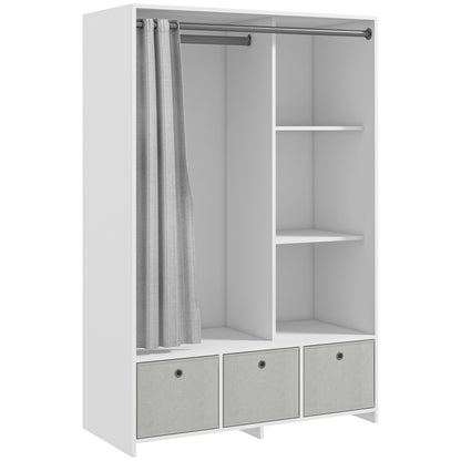 Kledingkast – Garderobekast – Opbergkast – Kleerkast – Kast Met Gordijn – Ruime Hangplek 117,5 cm – 3 Uitneembare Stoffen Lades – Wit – 105x48x160 cm