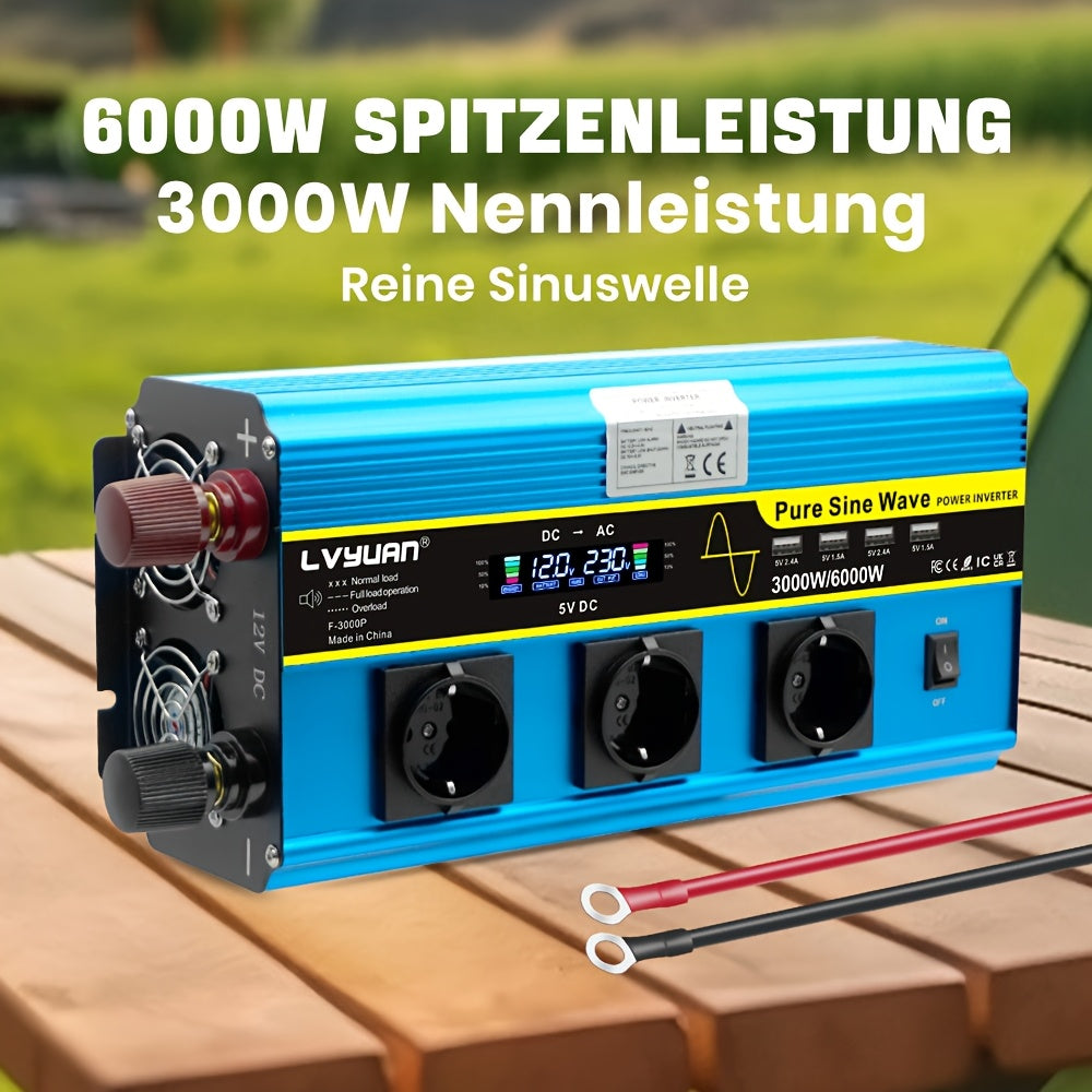 Zuivere Sinusgolf Omvormer – Spanningsomzetter – Power Inverter – 12V naar 230V Converter – Mobiele Stroomvoorziening – 3000 Watt Continu Vermogen – Afstandsbediening en LCD-Display
