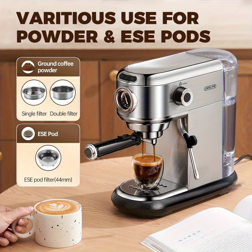 1 Unit CAFELFFEMK-601 Espresso Machine with Milk Frother, 20bar Extraction, Visible Pressure Gauge, Stainless Steel Body, Removable Drip Tray, 1.1L Water Capacity, Coffee Shop Gift Suitable for Lovers/father/mother, Office Eq
