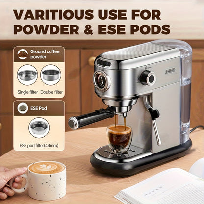1 Unit CAFELFFEMK-601 Espresso Machine with Milk Frother, 20bar Extraction, Visible Pressure Gauge, Stainless Steel Body, Removable Drip Tray, 1.1L Water Capacity, Coffee Shop Gift Suitable for Lovers/father/mother, Office Eq