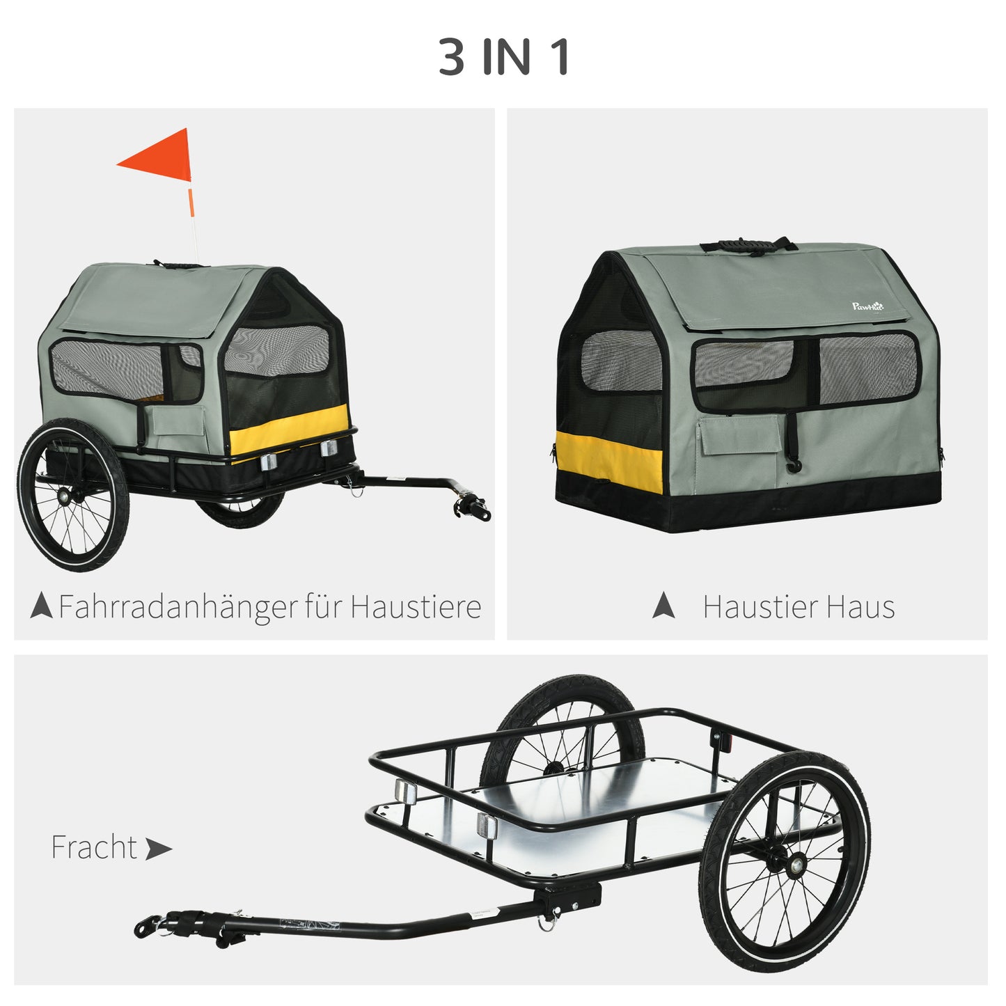 Hondenaanhanger – Fietsaanhanger – Hondenkar – Draagwagen – Transportkar – Grijs – 3-in-1 Ontwerp – Waterbestendig Oxford Polyester