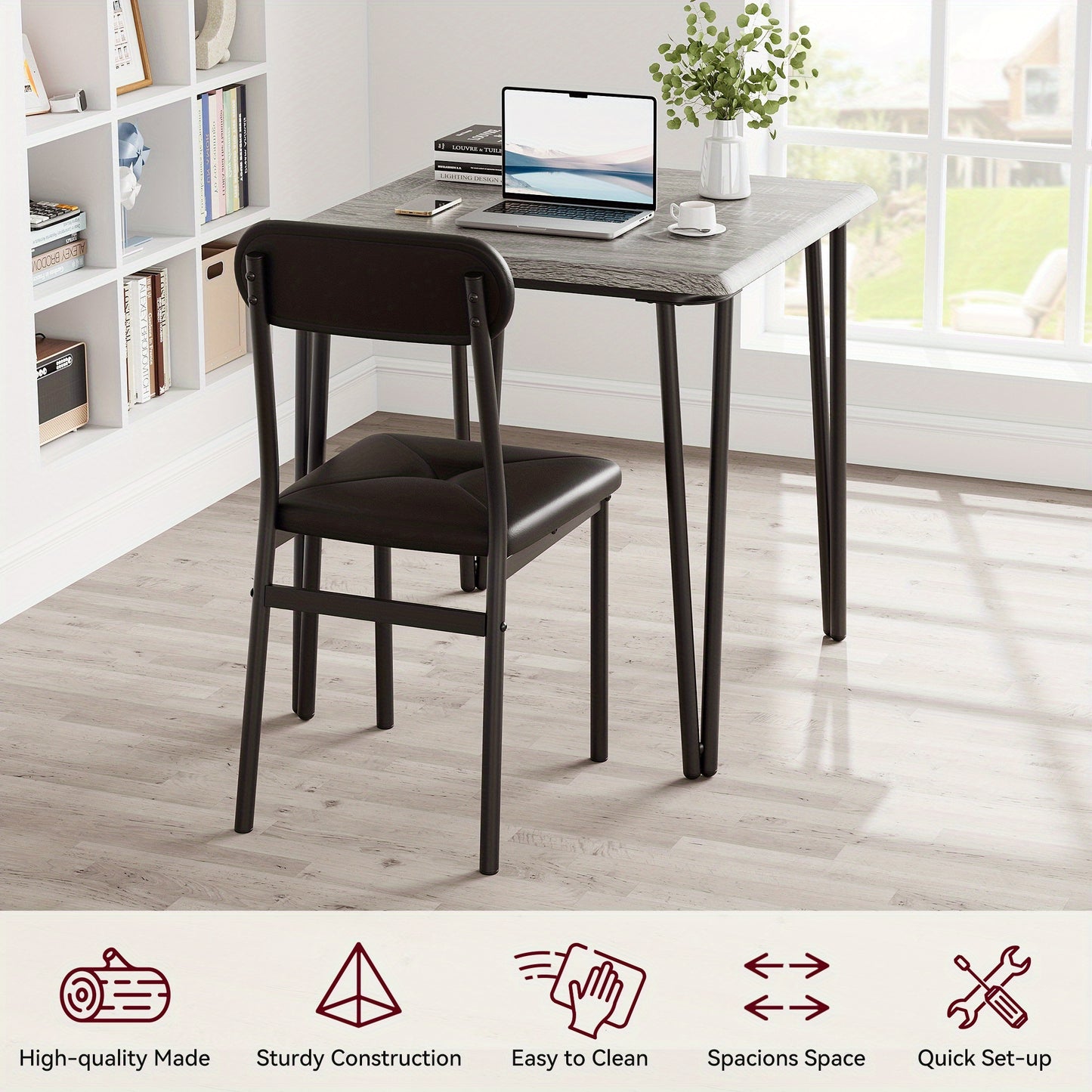 Eettafelset – Eettafelset – Eethoek – Keukentafelset – Zitgroep – Industrieel Design – Compact Formaat – MDF Tafelblad – Gestoffeerde Stoelen – 74x74 cm – Metaal & Hout – Grijs