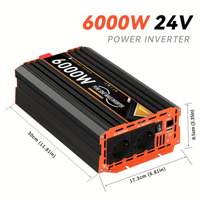 Omvormer – Spanningsomvormer – Stroomomzetter – Stroominverter – 24V 6000W EU – Pure Sinusgolf – 2 Stopcontacten met USB Type-C & LCD display