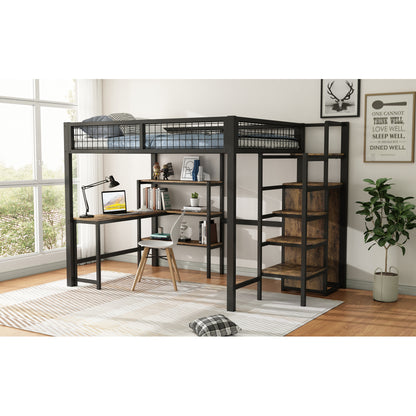 Hoogslaper Bed – Stapelbed – Halfhoogslaper – Bedframe – Bed met Bureau – 140x200 cm – Metaal en MDF – Met Opbergruimte en Kledingkast – Zwart