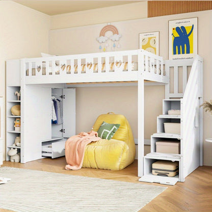 Hoogslaper – Stapelbed – Eenpersoonsbed – Opklapbed – Loftbed – Ruimtebesparend Ontwerp – 90x200 cm Wit Met Opbergladder En Planken