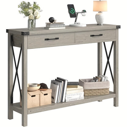 Farmhouse Entryway Table - 2-Tier Wooden Console Sofa Table with 2 Drawers & Open Shelf, Space-Saving Hardwood Design for Living Room, Hallway, Entryway - Rustic Modern Home Decor