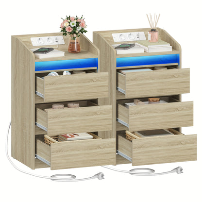 Nachttafel Set – Nachtkastje – Bijzettafel – Bedkastje – Ladeblok – Met Oplaadstation en LED-verlichting – 2 AC Stopcontacten en 2 USB-poorten – 3 Laden – Wit – Compacte Afmetingen 35x40x68 cm