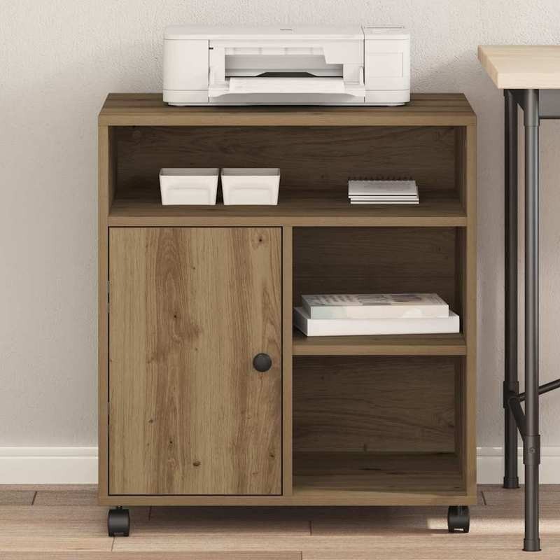 Oak Manual Printer Stand with 4-Wheel Mobility & Heavy-Duty Wood - Sturdy Space-Saving Desktop Organizer with Storage Shelves & Printer Cabinet for Office, Printer, Scanner, Books (Easy Assembly) -