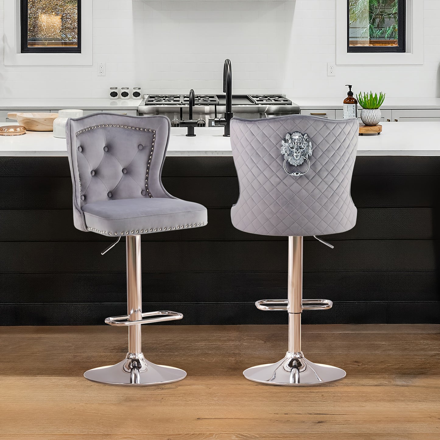 Barstoel – Barkruk – Barstoel Kruk – Barstoelen – Barkrukken – Set Van 2 – Verstelbare Hoogte – Zwarte Velvet Bekleding – Ergonomische Hoge Rugleuning – Met Draaifunctie – Metaal Frame – Max. 136 kg Belastbaar