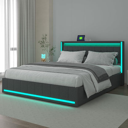 YCZ Bed Frame with Storage Space, Double Headboard Upholstered Bed with LED and USB, Storage Bed with 4 Drawers and Mattress, for Adults, BCDE