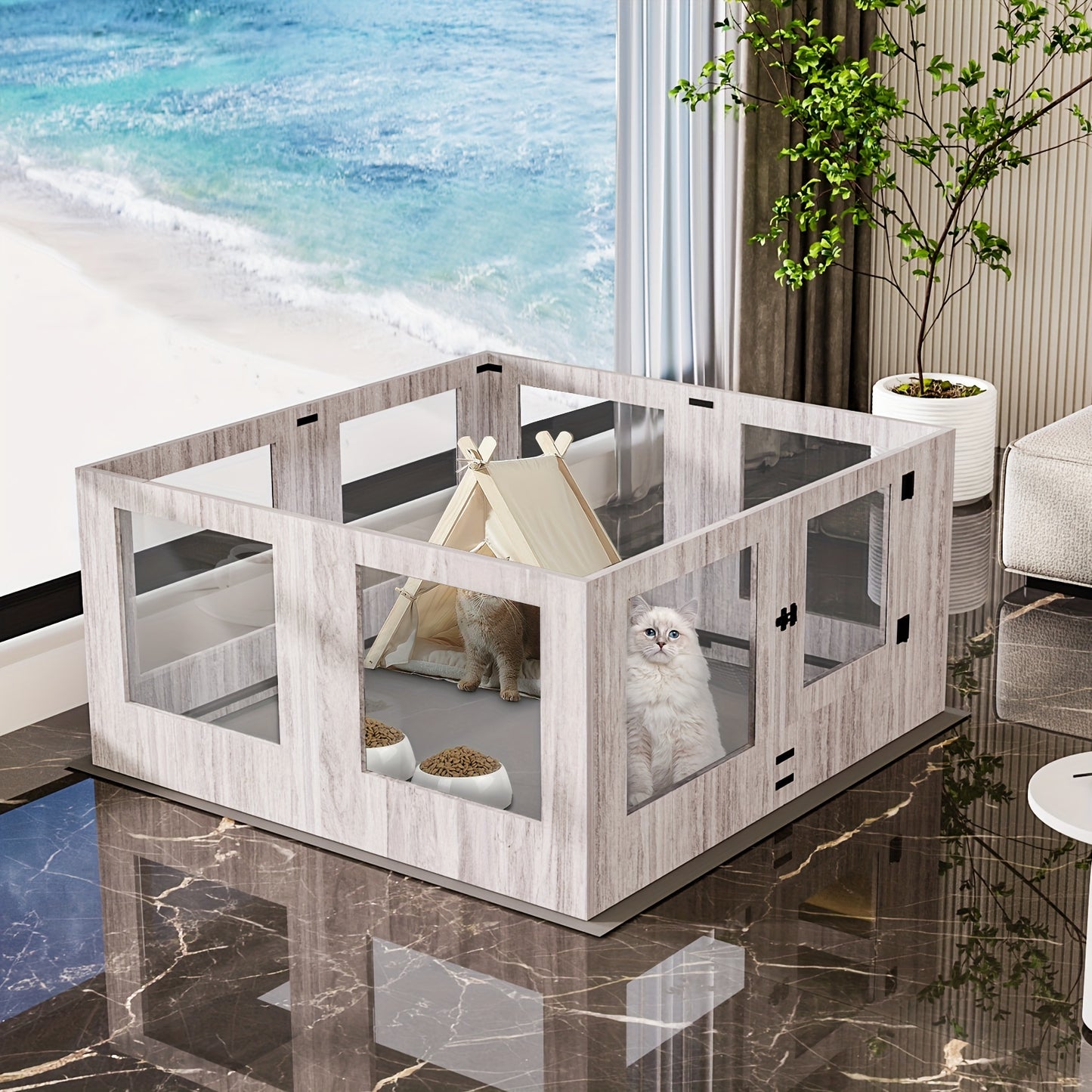 Puppyren – Puppybox – Hondenren – Hondenbench – Opfokbox – Tempered Glass & Houten Frame – 60 cm Hoogte met Beschermrails en Waterdichte Antislip Mat