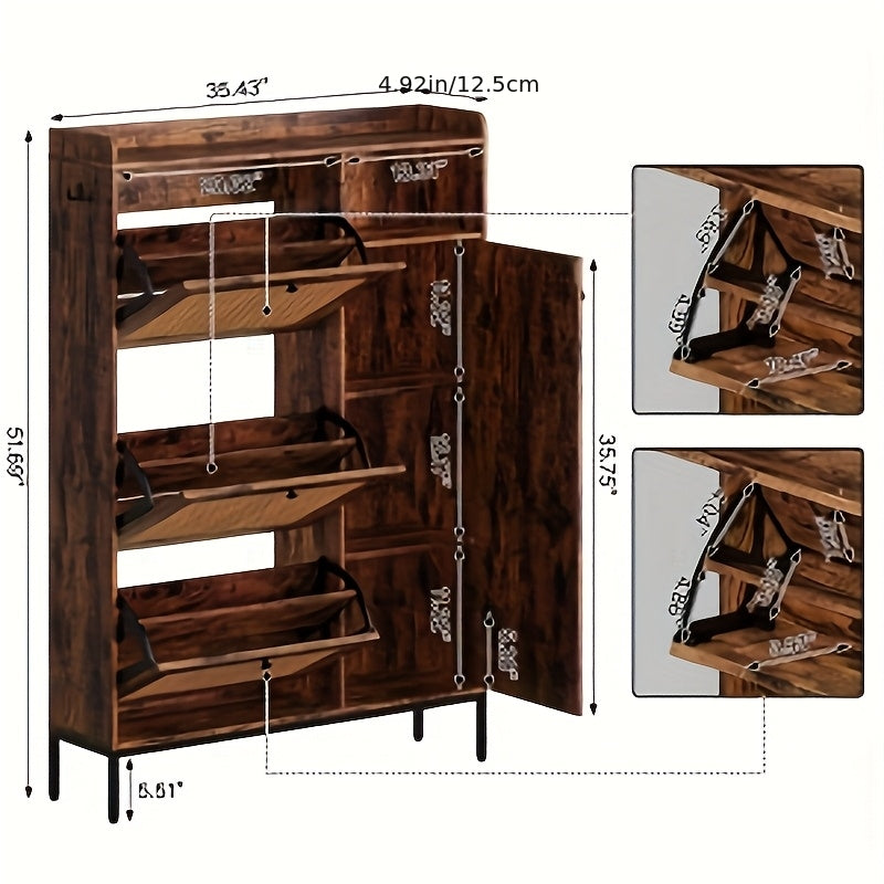 Schoenenkast – Schoenenrek – Schoenenopberger – Halmeubel – 3 Lades Met Rieten Front – Verstelbare Planken & Metalen Knoppen – Smal Vrijstaand Design – Vintage Stijl