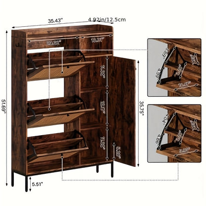 Schoenenkast – Schoenenrek – Schoenenopberger – Halmeubel – 3 Lades Met Rieten Front – Verstelbare Planken & Metalen Knoppen – Smal Vrijstaand Design – Vintage Stijl