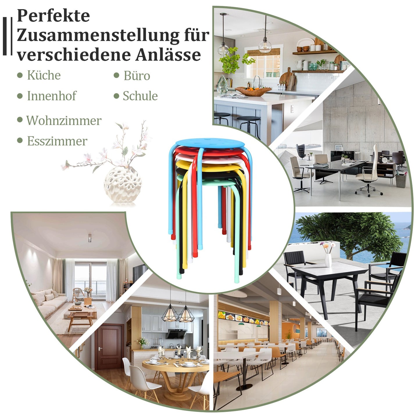 Kruk – Krukje – Zitkruk – Bijzetkruk – Stapelbare metalen krukken – Set van 6 – 44,5 cm Hoogte – Gekleurd assortiment