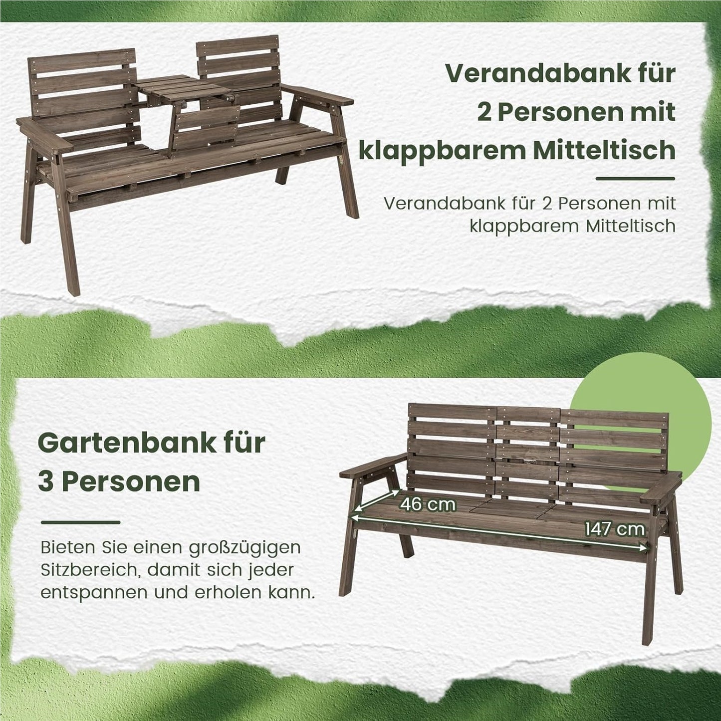 Houten Tuinbank – Buitenbank – Parkbank – Balkonbank – Terrasbank – Opvouwbare Middentafel – Belastbaar Tot 320 Kg – 160x64x86 Cm