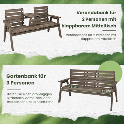 Houten Tuinbank – Buitenbank – Parkbank – Balkonbank – Terrasbank – Opvouwbare Middentafel – Belastbaar Tot 320 Kg – 160x64x86 Cm