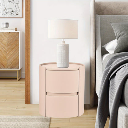 Ronde Nachtkast – Nachtkastje – Bedside Table – Dressoir – Bijzettafel – Oranje Zadelleren Bovenblad – Massief Hout – 2 Laden – Compact 45x45x50 cm