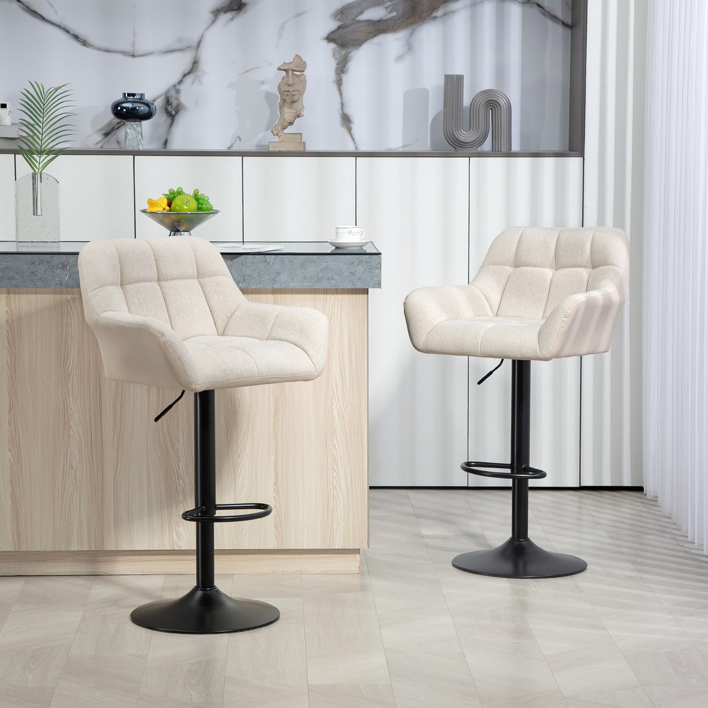 Barkrukken – Barstoelen – Krukken – Zitstoelen – Set van 2 – Verstelbare Zithoogte – Kunstleer Linnenlook Crème Zwart