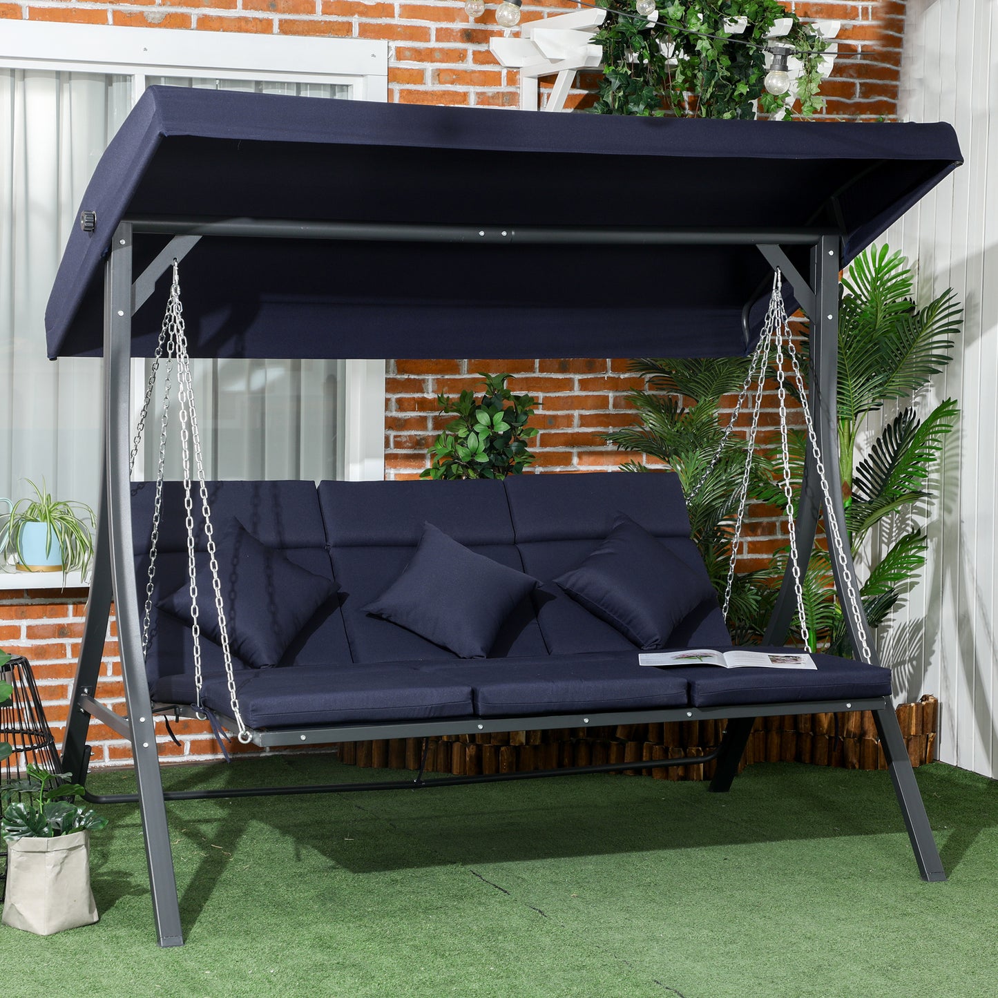 Tuinschommel – Schommelbank – Hollywood Schommel – Tuinbank – 3-Zits – Verstelbaar Zonnescherm – Weerbestendig Metalen Frame – Inclusief Comfortabele Kussens