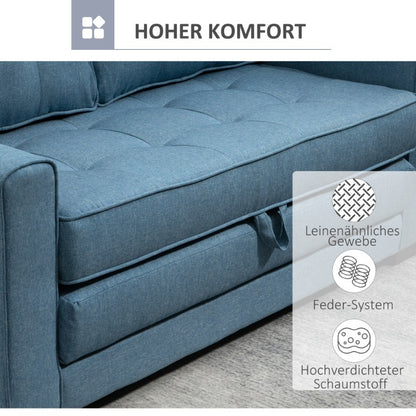 Slaapbank – 2-Zitsbank – Bedbank – Uitklapbank – Zetelbed – Linnen Look Stof – Inklapbaar – Rubberen Houten Frame – Blauw – Compact 147,5x75x85 cm