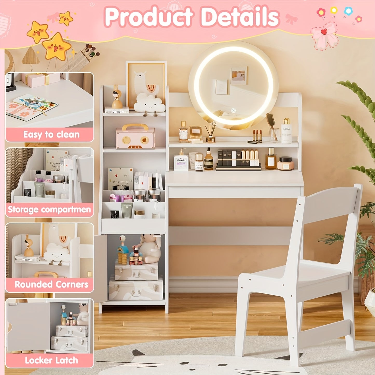 Make-up Tafel – Kaptafel – Schminktafel – Vanity Set – Opmaaktafel – MDF en Hout – Met Spiegel en Krukje – Eenvoudige Montage