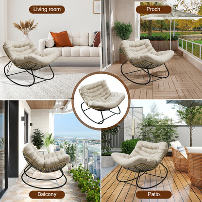 Fauteuil – Loungestoel – Relaxstoel – Schommelstoel – Balkonstoel – Oversized Design – Stevig Metalen Frame – Zachte Polyester Bekleding - Beige