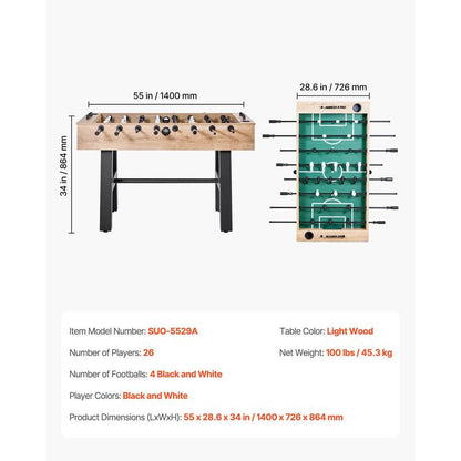 1 Size Foosball Table | 1400 x 726 x 864 mm, Durable Wood, Includes 4 Balls & Score Counter, 2 Drink Holders, Freestanding for Home and Family Use
