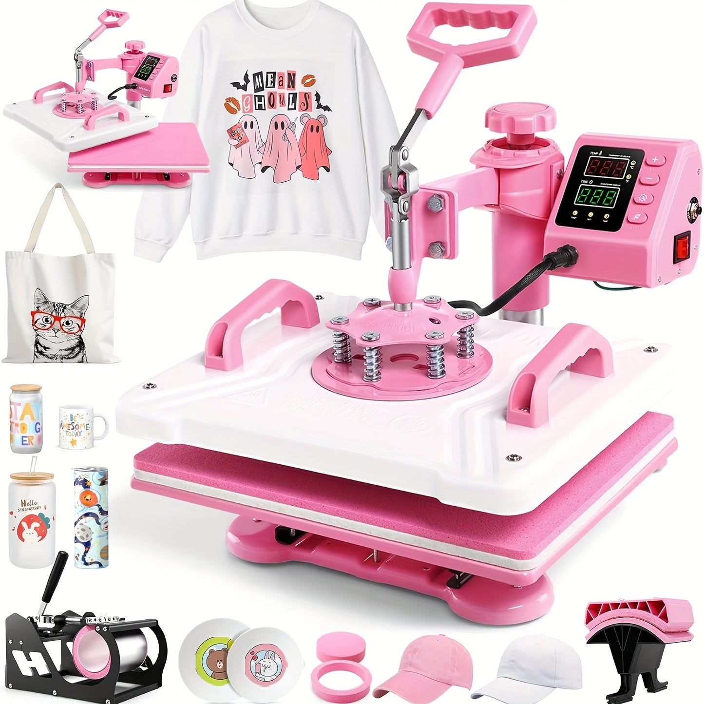 Heatpers – Hittepers – Transferpers – Warmtepers – Textielpers – 8-in-1 Multifunctioneel – 38,1x30,48 cm Persoppervlak – 360° Draaibare Swing-Arm – Roze
