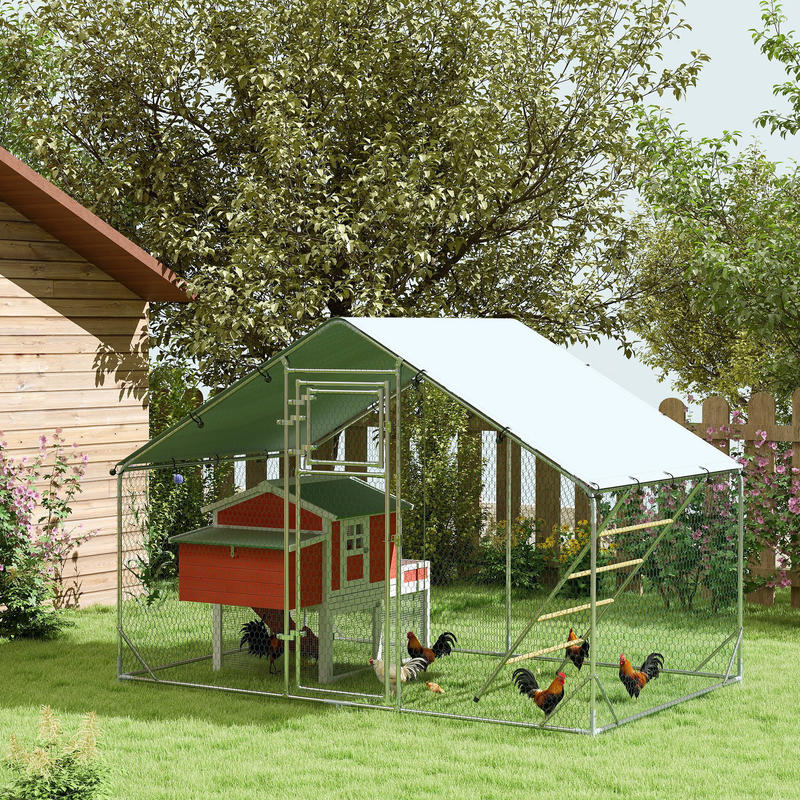 Large Chicken Coop with Automatic Feeder & UV-Resistant High Quality Roof - Heavy-Duty Steel Frame, Spacious Outdoor/Indoor Run for 6-8 Chickens, Easy Assembly, Predator-Proof Design, Ventilation Mesh Walls & Floor, Durable M