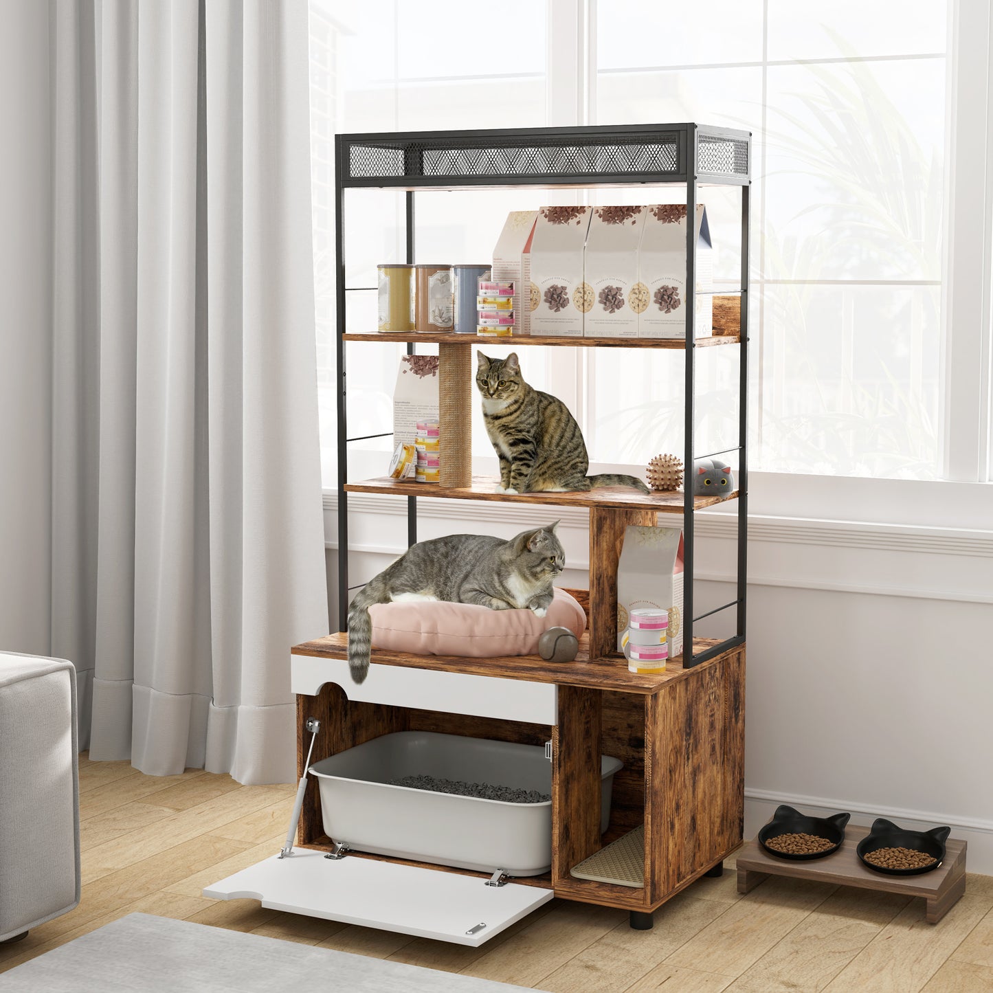 Kattenbakmeubel – Kattenbakkast – Kattenhuis – Kattentoilet – Kattenbakverstopper – Multifunctioneel 2-in-1 Design – Ruime Opbergruimte & Geïntegreerde Krabpaal – 80x48x152 cm – Rustiek Bruin