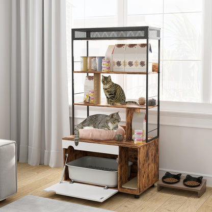 Kattenbakmeubel – Kattenbakkast – Kattenhuis – Kattentoilet – Kattenbakverstopper – Multifunctioneel 2-in-1 Design – Ruime Opbergruimte & Geïntegreerde Krabpaal – 80x48x152 cm – Rustiek Bruin