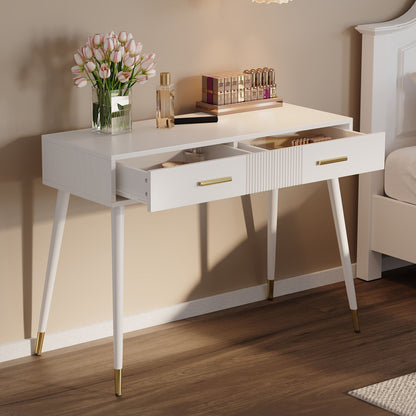 Modern White Vanity Table with 2 Drawers & Metal Legs - 68.58cm Height, 254.0cm Width, 101.6cm Depth, 3, 2 Cu Ft Storage, Easy Assembly, No Mirror Included, Perfect for Bedroom or Bathroom, Vanity Desk, Sleek Design, Sturdy C