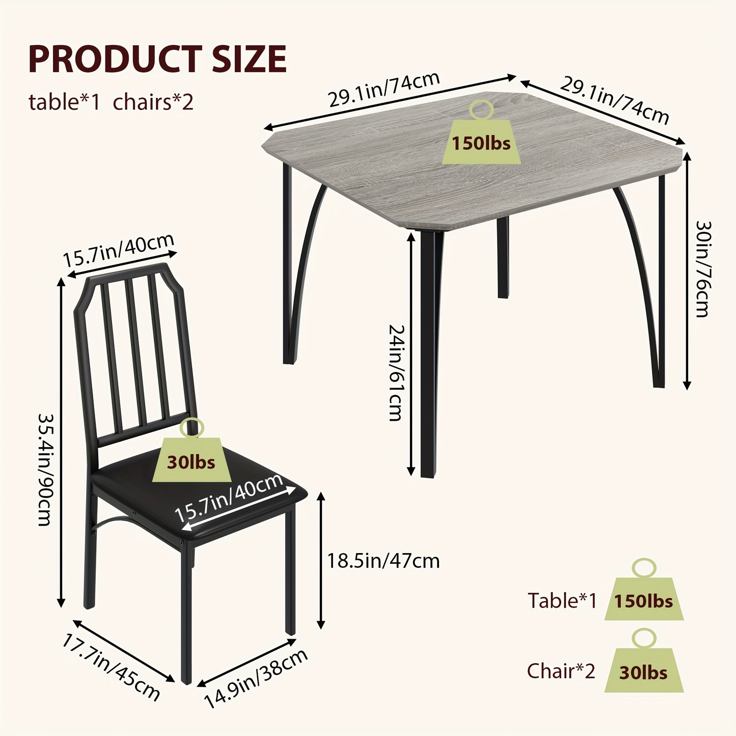 Compact Eettafelset 2 Personen – Eettafel – Tafelset – Stoelenset – Keukentafel – Grijs – Comfortabele PU Kussens – Ruimtebesparend Design