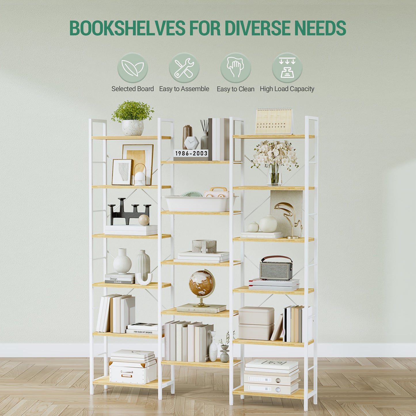 6-Tier Freestanding Bookcase with 17 Adjustable Shelves - White Oak Metal Frame, 24x152x186cm, Space-Saving Storage for Living Room, Bedroom, Office Organization, Modern Minimalist Design, Bookcase Furniture, Mounted Closet S - QUORE