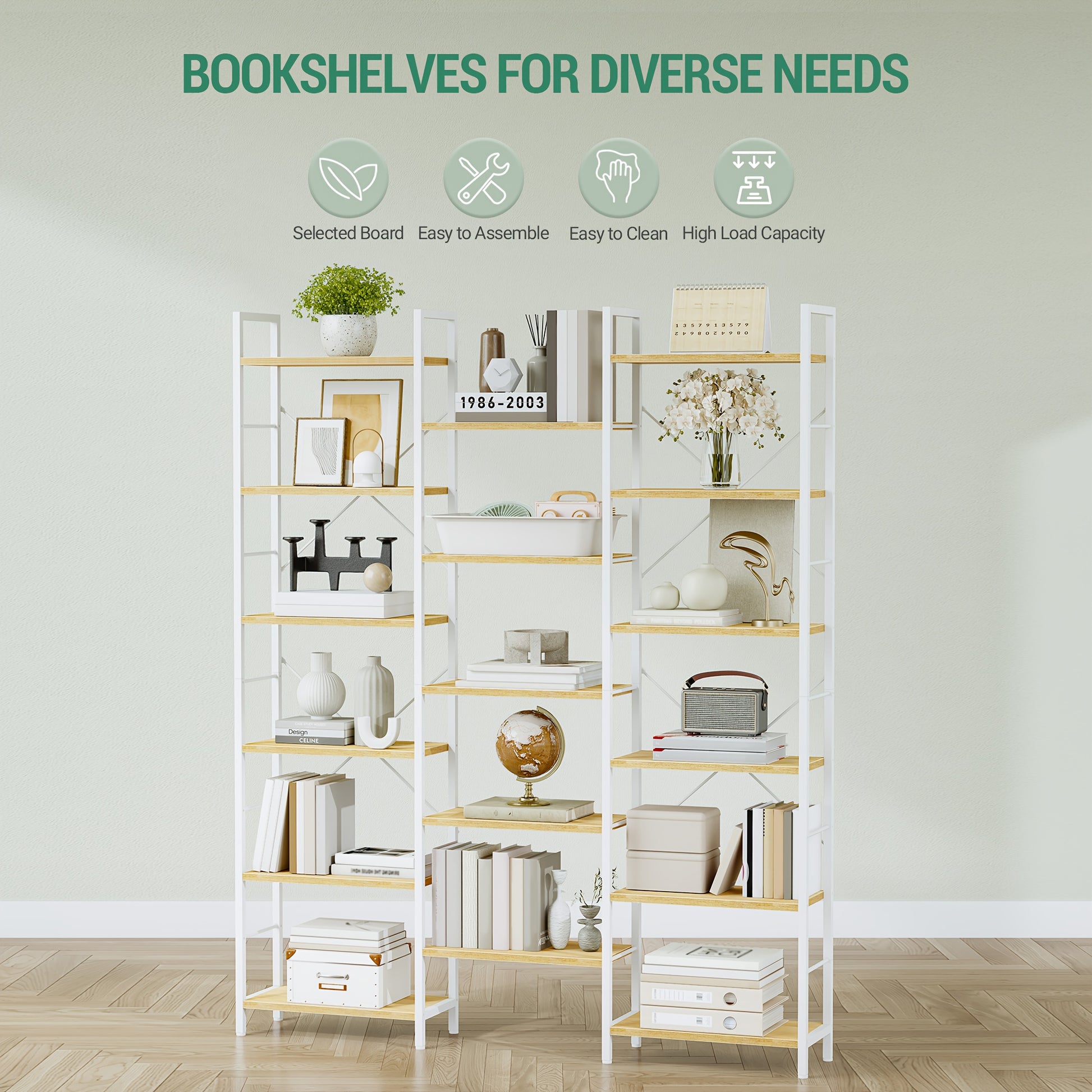 6-Tier Freestanding Bookcase with 17 Adjustable Shelves - White Oak Metal Frame, 24x152x186cm, Space-Saving Storage for Living Room, Bedroom, Office Organization, Modern Minimalist Design, Bookcase Furniture, Mounted Closet S - QUORE