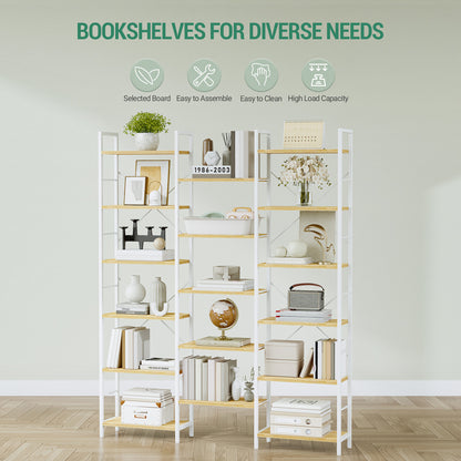 6-Tier Freestanding Bookcase with 17 Adjustable Shelves - White Oak Metal Frame, 24x152x186cm, Space-Saving Storage for Living Room, Bedroom, Office Organization, Modern Minimalist Design, Bookcase Furniture, Mounted Closet S - QUORE