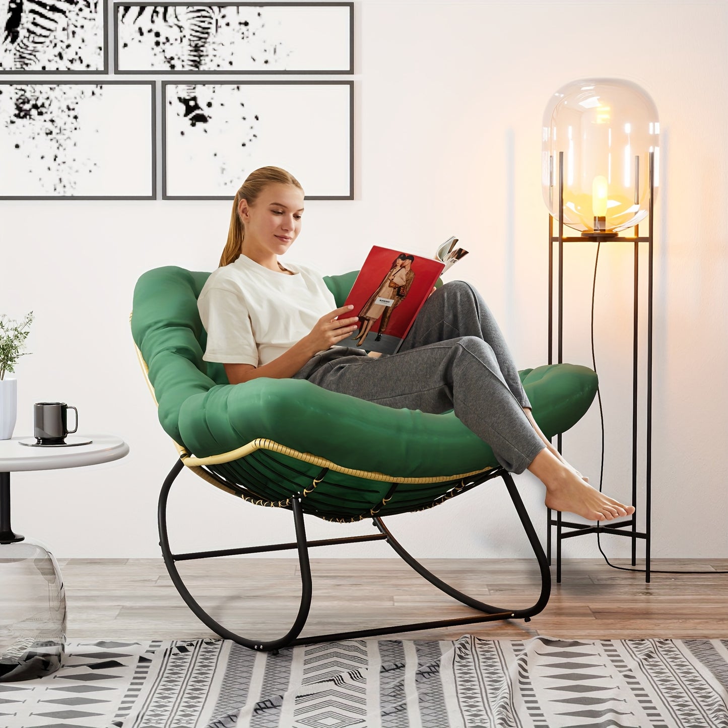 Relaxstoel – Schommelstoel – Fauteuil – Loungestoel – Ligstoel – Oversized Design – Versterkt Stalen Frame – Comfortabel Polyester Kussen - Groen