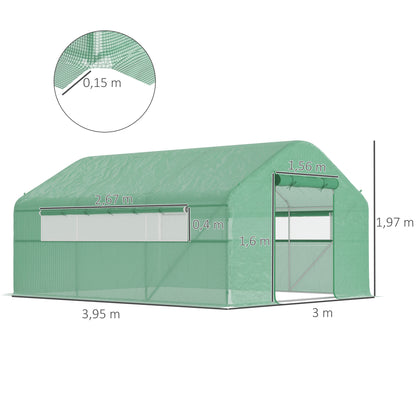 Outsunny Garden Greenhouse 12 m², Tunnel Greenhouse 4 x 3 x 2 m with Roll-Up Doors and Large Mesh Windows, Galvanized Steel and High-Density PE 140 g/m² UV-Resistant, Green
